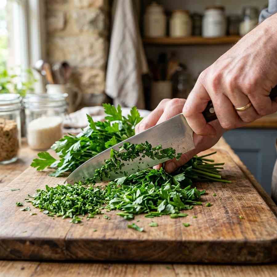 Fresh flat-leaf parsley being finely hand-chopped with a chef's knife on a wooden cutting board