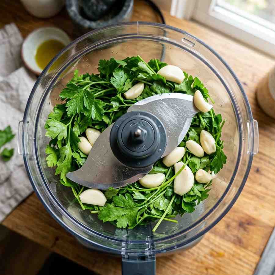 Fresh parsley and garlic cloves in a food processor bowl ready to be pulsed for chimichurri sauce