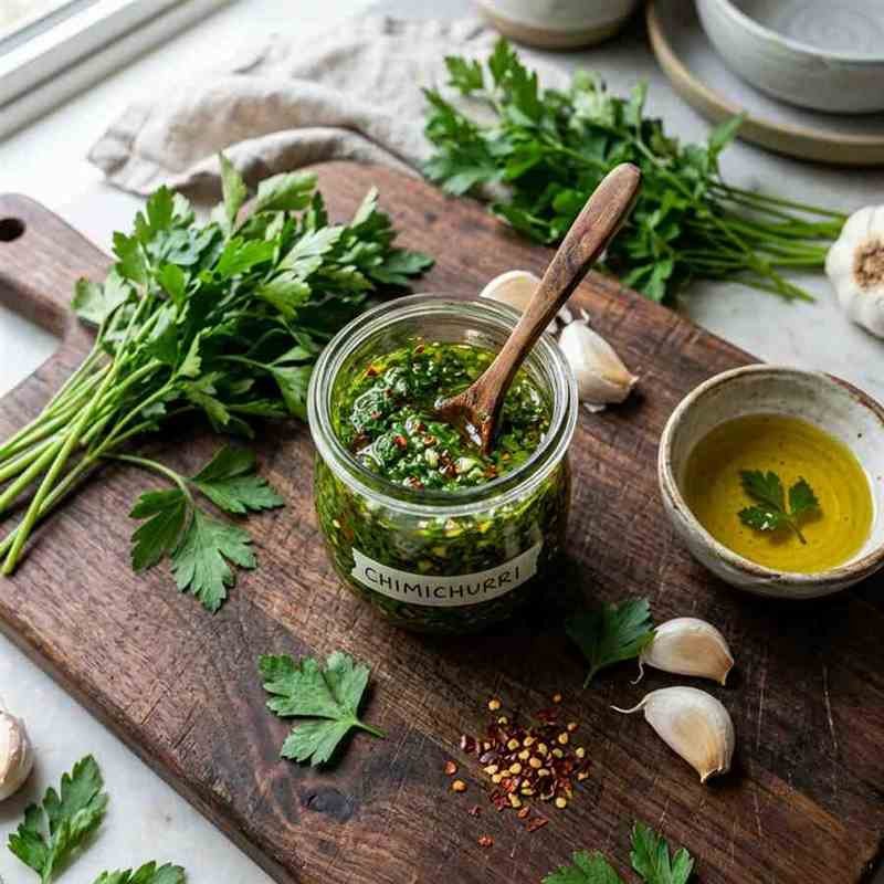Authentic chimichurri sauce in a glass jar surrounded by fresh parsley, garlic, and olive oil on a wooden board