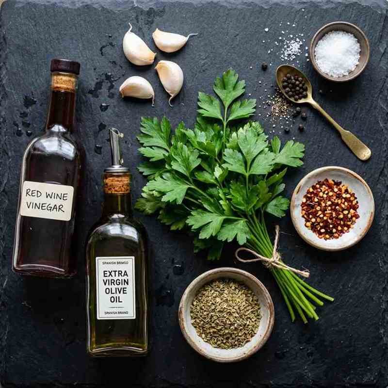 Chimichurri sauce ingredients flat lay: fresh flat-leaf parsley, garlic cloves, dried oregano, red wine vinegar, olive oil, and red pepper flakes on a dark slate surface