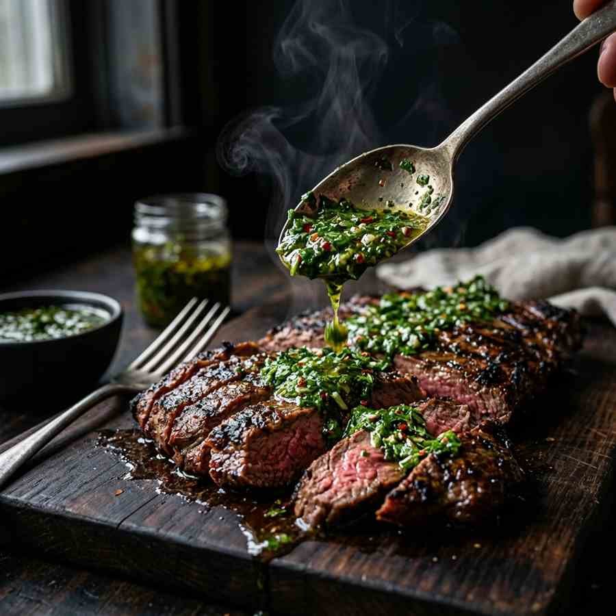 Chimichurri sauce spooned generously over a grilled skirt steak, the green herb sauce glistening over juicy medium-rare meat