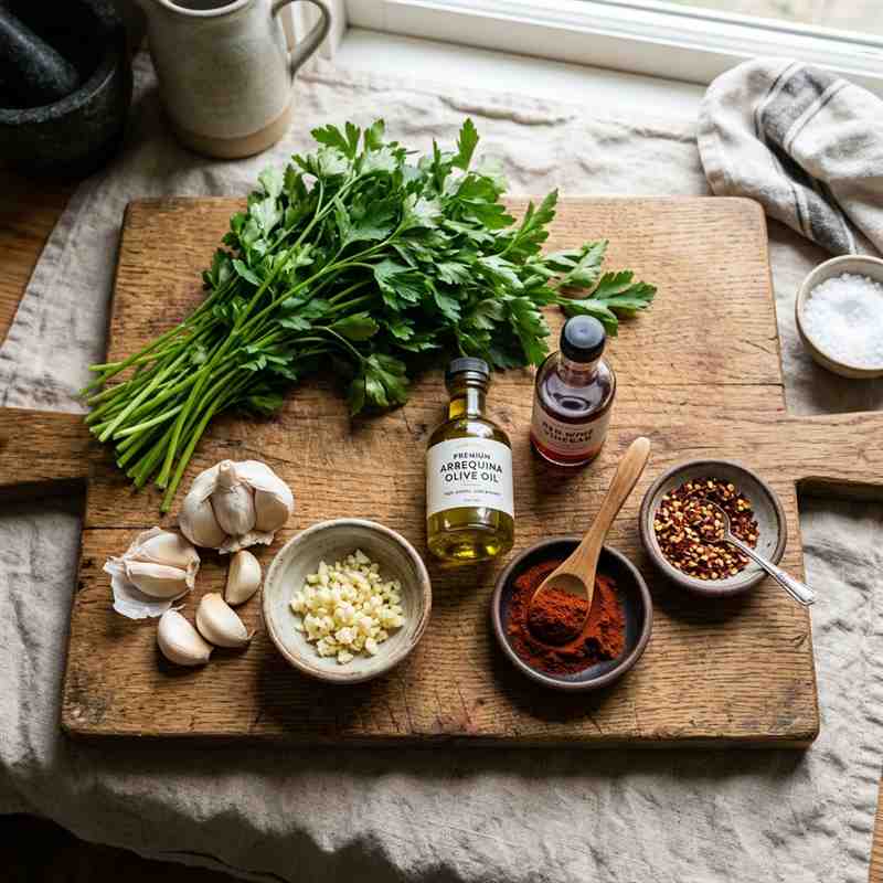 Flat lay of chimichurri rojo ingredients including olive oil, red wine vinegar, garlic, parsley, and smoked paprika