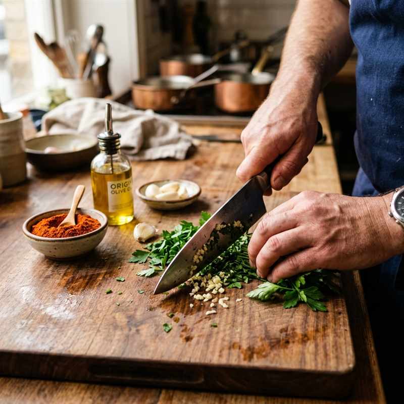 Chef hands chopping fresh flat-leaf parsley and garlic on a wooden board