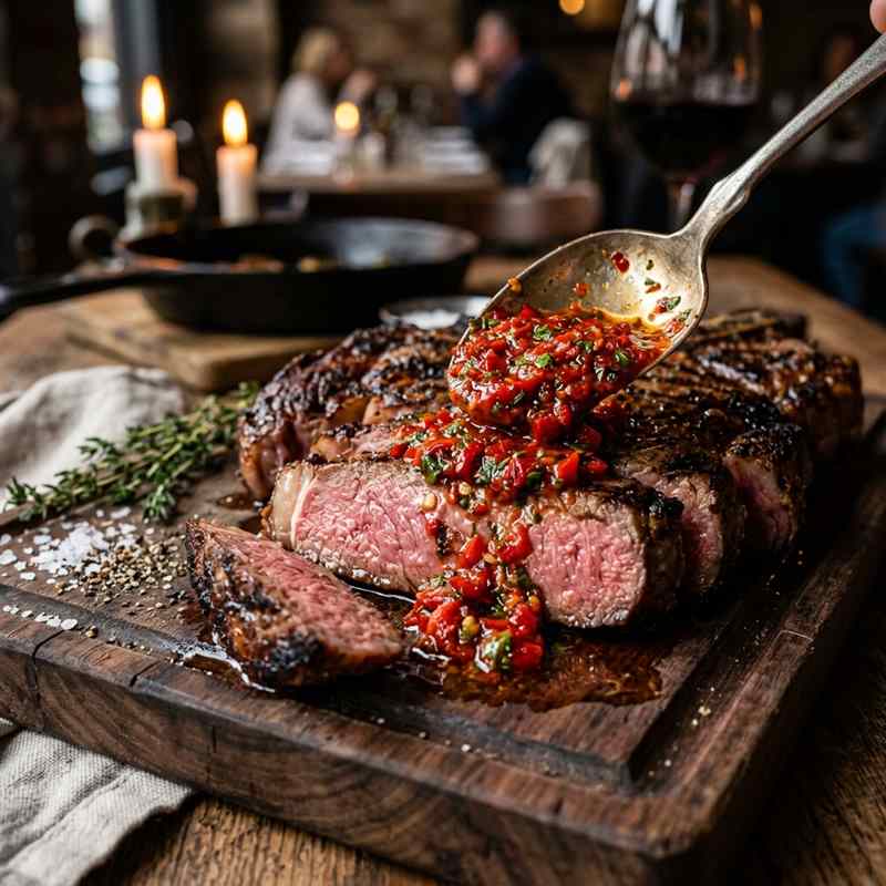 Red chimichurri rojo sauce spooned generously over sliced grilled ribeye steak
