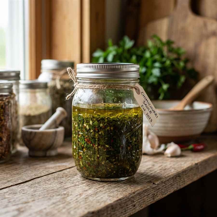 Chimichurri sauce stored in a sealed glass mason jar with a thin layer of olive oil on top, ready for refrigeration