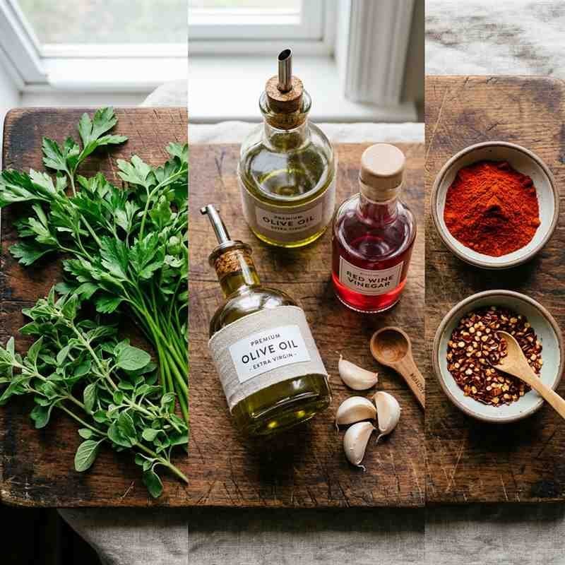 Split flat lay of green fresh herbs on one side and red smoked paprika spices on the other