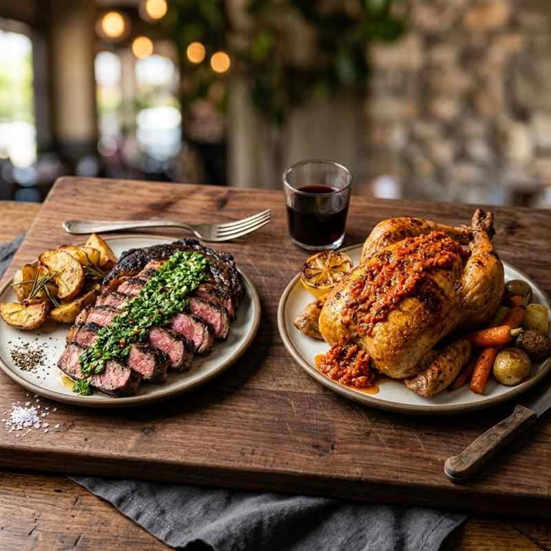 Grilled ribeye steak with green chimichurri next to roasted chicken with red chimichurri