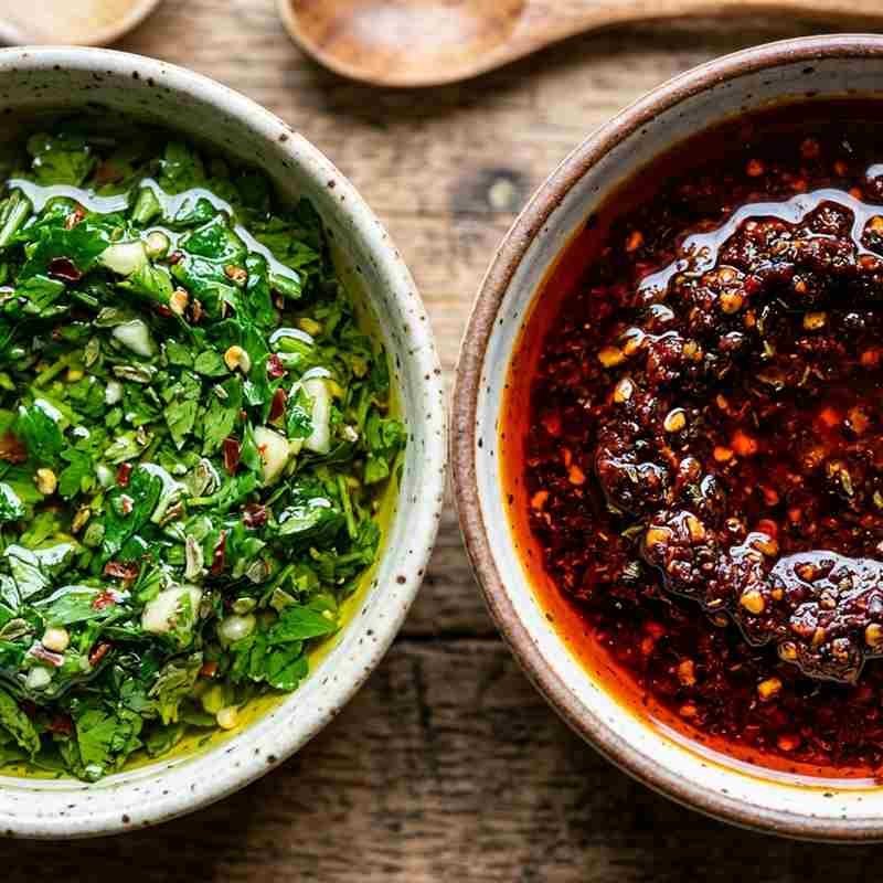 Macro comparison showing the texture of fresh green parsley vs red infused chili oil